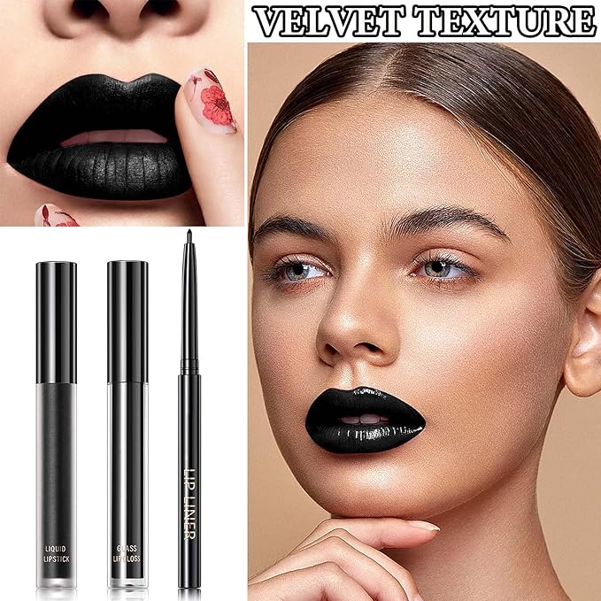 3 Pcs Lip Liner and Lipstick Set,Waterproof Black Liner,Long