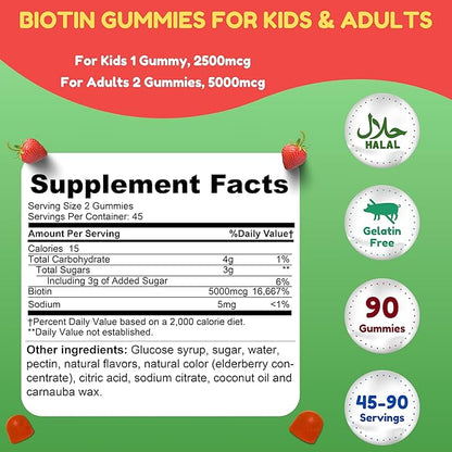 Vegan Biotin Gummies for Adult & Kids | 90 Gummies | 5000 mcg 45 Servings | Non-GMO | Gluten, Gelatin, Peanuts, Egg & Dairy Free | Biotin Gummy Vitamins for Hair, Skin & Nails Halal