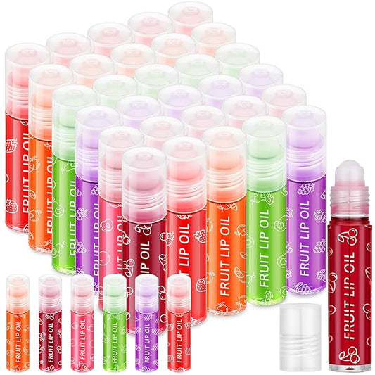 30 Pcs Roll on Lip Gloss Glossy Fruit Lip Oil Clear Flavored Lip Make up Party Gifts, Assortment Set(Fruity)