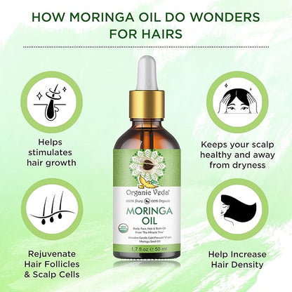 Organic Veda Moringa Oil - Pure Cold Pressed Organic Moringa Seed Oil - Natural Face Oil for Women, Moisturizing Hair Oil - Virgin Moringa Oleifera Oil for Skin, Body, Scalp Care & Nails - 1.7 fl.oz.