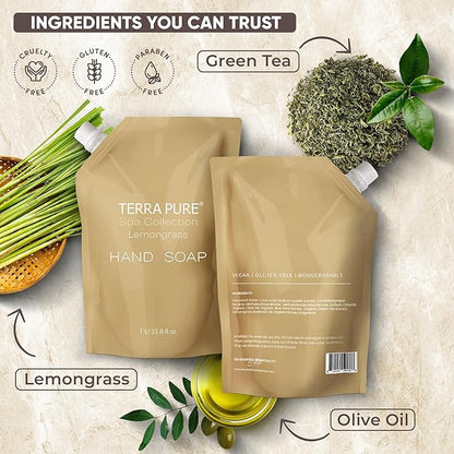 Terra Pure Spa Collection 1 Liter Hand Wash Refill Bag For Soap Dispensers | Bulk Toiletries for Vacation Rentals, and Home Bathroom Showers | Green Tea Lemongrass | Single