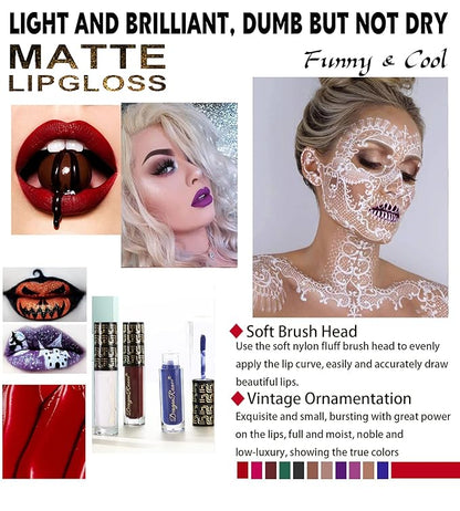 Halloween Dark Matte Liquid Lipstick for Women, Long Lasting Waterproof Lip Gloss, Face Body Painting, Vivid Vampire Lip Stain for Masquerade, Party Goth Makeup, Cosplay (#02 Red)