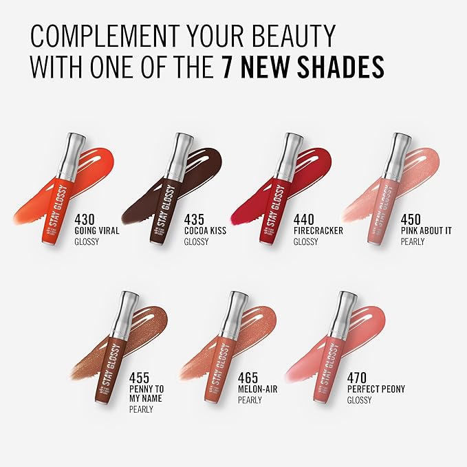Rimmel London Stay Glossy, 465 Melon-Air, Lip Gloss, Non-Sticky, Cruelty-Free, Color and Shine, Up To 6-Hour Wear, Precise Applicator, 0.18oz