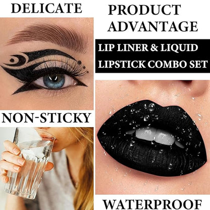 2Pcs Black Lip Liner and Lipstick Set,Matte Black Smudge