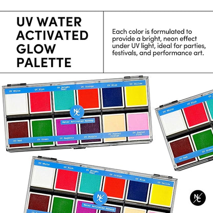 UV 12-Color Palette - Water-Activated Neon Glow Makeup