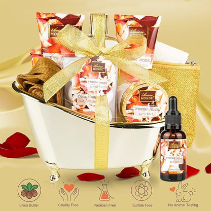 Fresh Rose Scented Spa Gift Set for Him & Her, 10-Piece Collection with Shower Gel, Bubble Bath, Body Lotion, Scrub, Salt, Bombs, Puff, Oil