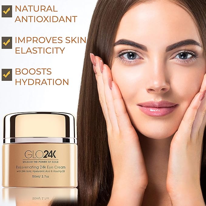 GLO24K Eye Cream with 24k Gold, Hyaluronic Acid, Rosehip Oil, and Vitamins. Minimizes wrinkles and fine-lines around the eyes