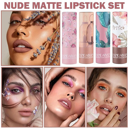 4PCS Nude Matte Lipstick Set Long-lasting Moisturizing Lipstick Set Velvet Lip Gloss Waterproof Labiales Set for Women-01 Clear,02 Nude,04 Light Pink,05 Amber