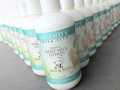 Legend's Creek Farm Goat Milk Lotion - Moisturizing Goat Milk Body Lotion for Body, Hand & Face - 9 oz Body Moisturizer with Shea Butter, Sunflower Oil, Aloe, Handmade in USA (Sweetwater L.)