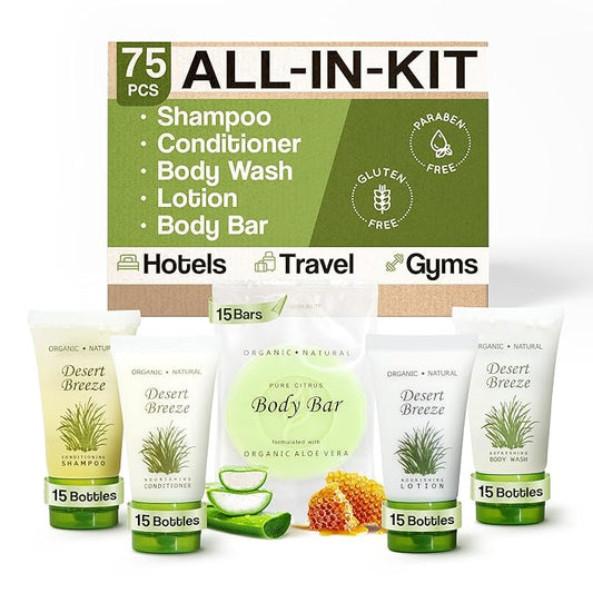 Terra Pure Desert Breeze Hotel Soaps & Toiletries Bulk Set | 1-Shoppe Amenities Kit | 1oz Shampoo & Conditioner, Body Wash, Lotion, Bar Soap | Travel Size | 75 Pieces