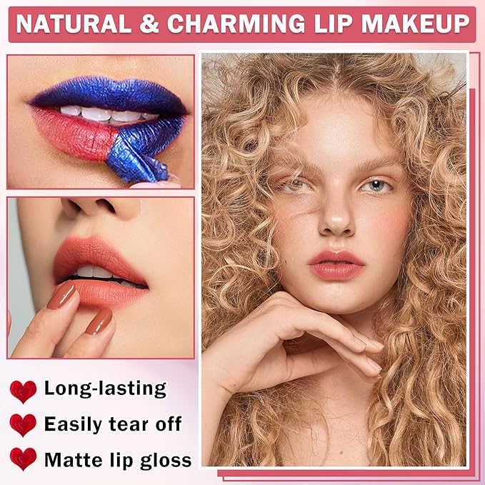 Peel Off Lip Stain Peel Off Lip Tint Stain Highly Pigmented Lip Peel Off Stain Long Lasting LipStains Peel Off Nude Lip Gloss Matte Liquid Lipstick Lip Makeup for Women（02 Rose）