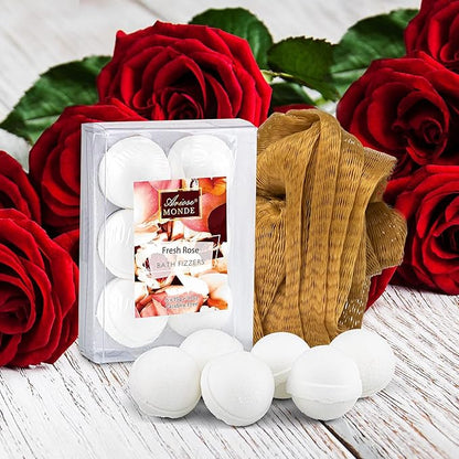 Fresh Rose Scented Spa Gift Set for Him & Her, 10-Piece Collection with Shower Gel, Bubble Bath, Body Lotion, Scrub, Salt, Bombs, Puff, Oil