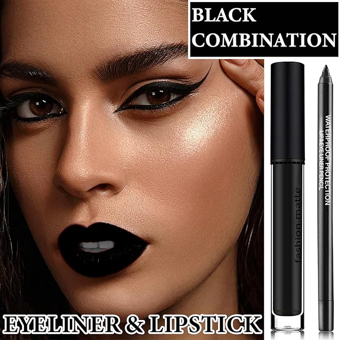 2Pcs Black Lip Liner and Lipstick Set,Matte Black Smudge