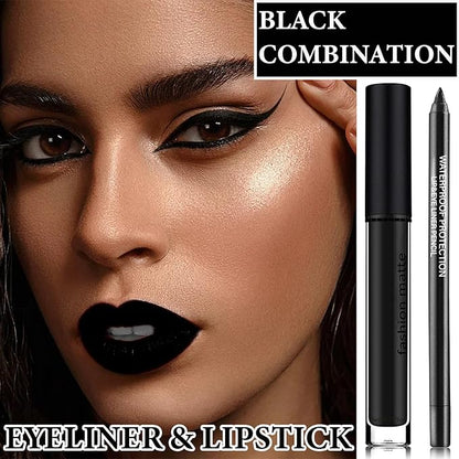 2Pcs Black Lip Liner and Lipstick Set,Matte Black Smudge