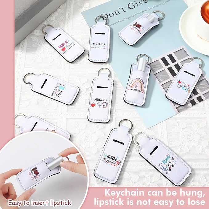 Ctosree 40 Pcs Nurse Week Gifts for Women Lip Balm Lipstick Holder Keychain with Inspirational Words Portable Clip on Lip Gloss Sleeve Pouch Nurses for Travel Accessory, 10 Pattern