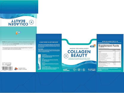 Swedish Nutra - Collagen Beauty | 10,000 mg Hydrolyzed Marine Collagen Liquid Supplement - 20 x 25 ml Daily Shots | Hyaluronic Acid and Vitamin C to Support Healthy Hair, Skin, Nails | Sugar-Free