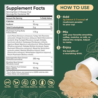 Venture Pal Mushroom Powder & Biotin Gummies Bundle -16 Mushroom Adaptogen Blend with Ashwagandha & Lion's Mane (90 Servings) + Biotin Gummies with Collagen & Keratin (60 Ct)