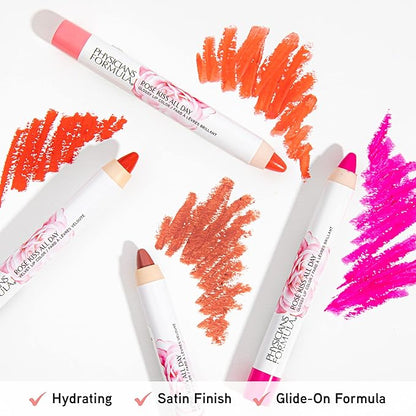 Physicians Formula Rosé Kiss All Day Glossy Lipstick Lip Color Makeup, Red Xoxo | Dermatologist Tested, Clinicially Tested