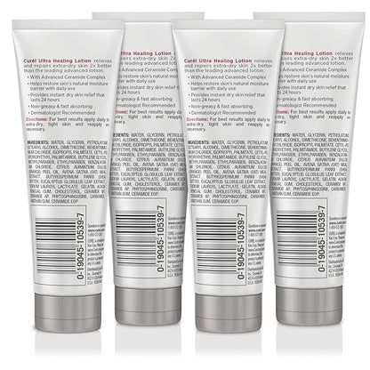 Curel Ultra Healing Intensive Fragrance-Free Lotion For Extra-Dry Skin, Ideal for Sensitive Skin, Dermatologist Recommended, Cruelty Free, Paraben Free, 2.5 Oz, Pack of 4