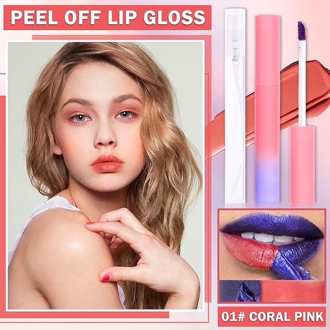Peel Off Lip Stain Peel Off Lip Tint Stain Highly Pigmented Lip Peel Off Stain Long Lasting LipStains Peel Off Nude Lip Gloss Matte Liquid Lipstick Lip Makeup for Women（01 Coral Pink）