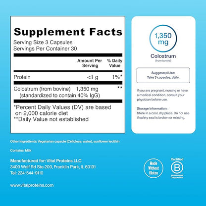 Vital Proteins Collagen Peptides Powder Travel Packs (20ct per Box) and Bovine Colostrum Supplement 90 Capsules