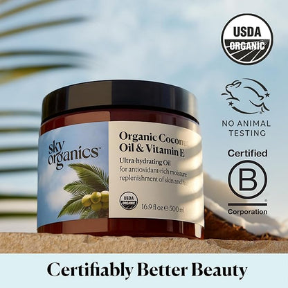 Sky Organics - Organic Coconut Oil & Vitamin E, 16.9 fl oz - Skin & Hair Ultra-Hydrating Oil - Fatty Acids & Antioxidants - Natural, Vegan & Cruelty Free - Skin Care & Hair Care w Ebook