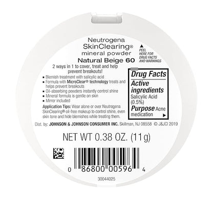 Neutrogena SkinClearing Mineral Acne-Concealing Pressed Powder Compact, Shine-Free 38 oz