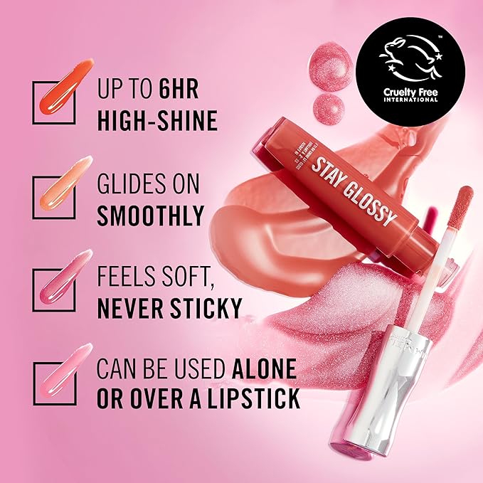 Rimmel London Stay Glossy, 470 Perfect Peony, Lip Gloss, Non-Sticky, Cruelty-Free, Color and Shine, Up To 6-Hour Wear, Precise Applicator, 0.18oz
