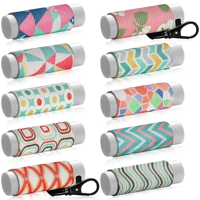 Sureio 10 Pack Lip Balm Holder Keychain Compact Clip On lipstick Holder Lip Gloss Holder Keychain Elastic lipstick Sleeve Clip (Rustic Style)