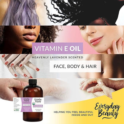 Organic Vitamin E Oil - Heavenly Lavender Scented 16 oz Bulk USDA Certified 100% All Natural Plant Based - Lightweight and Great for Scars After Surgery - For Face, Skin and Nails