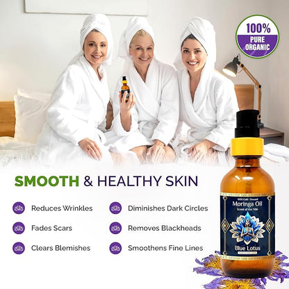 Pure Organic Moringa Oil with Blue Lotus Flower & Ormus Gold – Hydrating & Anti-Aging Oil for Skin, Hair & Nails – Premium 100% Cold Pressed Moringa Seed Extraction, Nourishes & Hydrates Skin