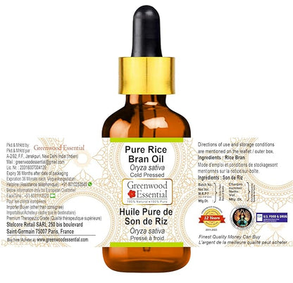 Pure Rice Bran Oil (Oryza sativa) with Glass Dropper Cold Pressed 30ml (1 oz)