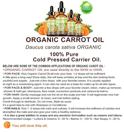 Botanical Beauty Organic CARROT SEED OIL 100% Pure VIRGIN UNREFINED Undiluted Cold Pressed Carrier Oil 2 Fl.oz.‐ 60 ml. for Face, Skin, Body, Hair, Lip, Nails. Rich in Beta Carotene, Vitamin E