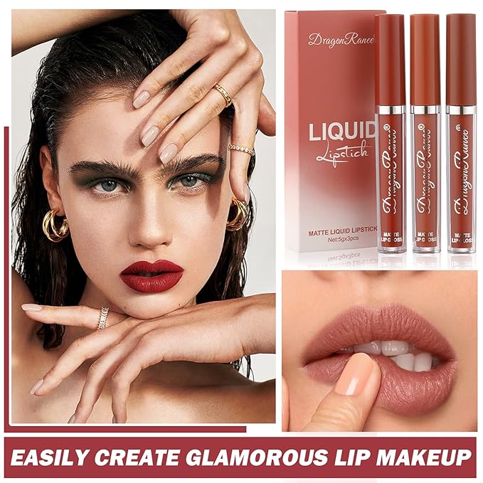 3 Colors Nude Matte Lipstick Set Liquid Lipstick Velvet Nude Pink Lipstick Lip Stain Long Lasting Waterproof,Non-Stick Cup Not Fade Lip Gloss Lipstick for Women Lip Makeup Lip Stick Set A