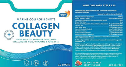 Swedish Nutra - Collagen Beauty | 10,000 mg Hydrolyzed Marine Collagen Liquid Supplement - 20 x 25 ml Daily Shots | Hyaluronic Acid and Vitamin C to Support Healthy Hair, Skin, Nails | Sugar-Free