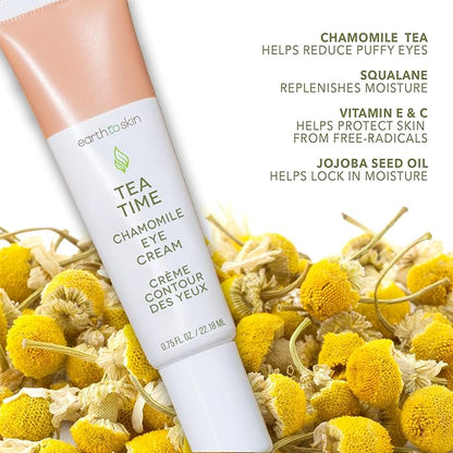 Earth To Skin Tea Time Chamomile Eye Cream – Hydrating & Soothing Eye Treatment with Vitamin E, Vitamin C & Jojoba Oil – 0.75 fl oz