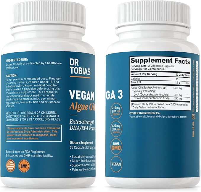 Dr. Tobias Vegan Omega 3 Algae Oil and Collagen Peptides Powder, Overall Health, Gut & Immune Support Plus Beauty & Vitality Bundle, Non-GMO