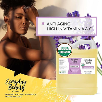 Organic Vitamin E Oil - Bulk 32 oz Heavenly Lavender Scented USDA Certified 100% All Natural Plant Based - Great for Scars After Surgery - For Face, Skin and Nails - Reduce Wrinkles, Anti Aging