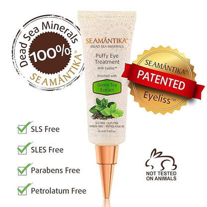 Puffy Eye Treatment Instant results – Naturally Eliminate Wrinkles, Puffiness, Dark Circle and Bags in Minutes – Hydrating Eye Cream w/ Green Tea Extract, Dead Sea Minerals by SEAMANTIKA – .8 fl.oz.