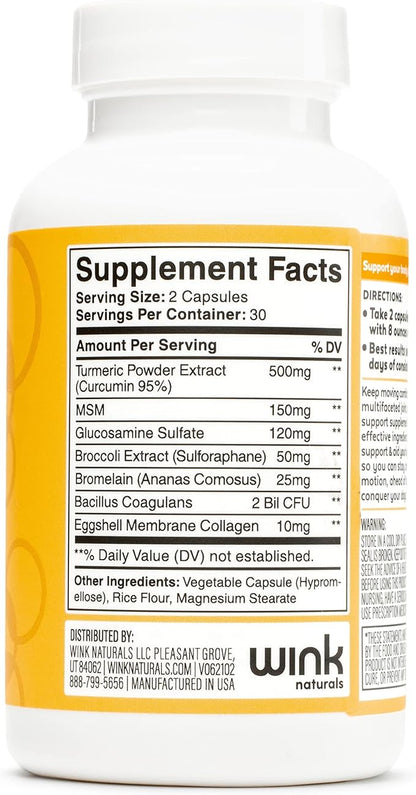 Wink Well Agility Joint & Body Care - Dietary Supplement Includes Turmeric and Glucosamine - Provides Support for Joint Care and Heart Brain Immune Health Support 60 Capsules