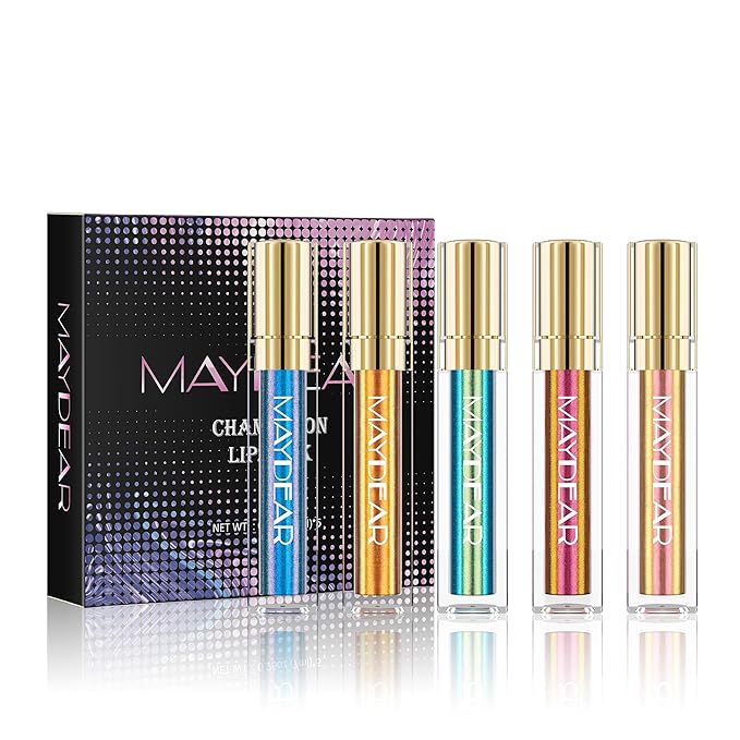 Maydear Chameleon Lipstick for Women, Multichrome Lip Stick Set Color Changing Blue Gold Green Pink Lipstick Makeup Kit Long Lasting Metallic Lip Gloss for Girls