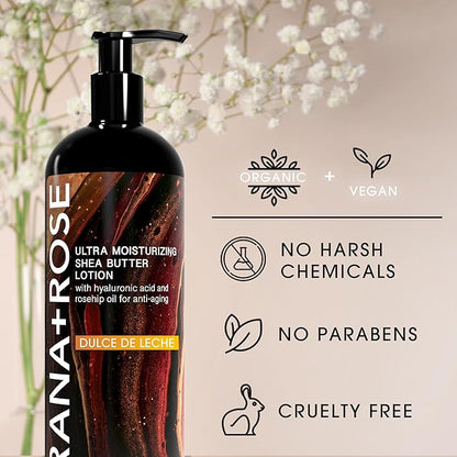 MADE IN THE USA Ultra Moisturizing Shea Butter Lotion with Hyaluronic Acid and Rosehip Oil for anti-aging ORGANIC VEGAN body and hand lotion 16oz (Dulce De Leche)