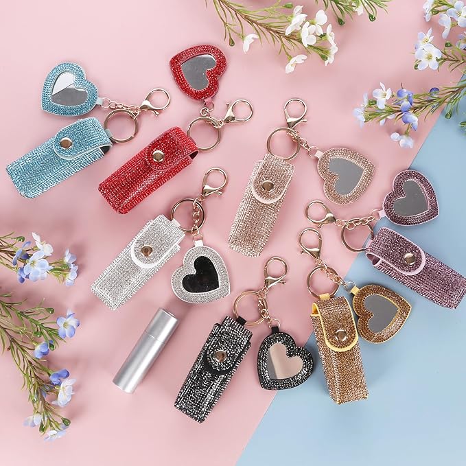 Rhinestones Lipstick Keychain Holder with mirror Chapstick Holde