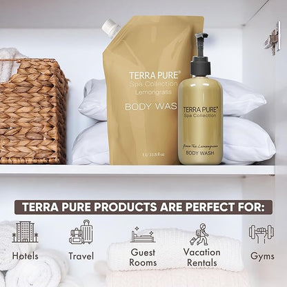 Terra Pure Spa Collection 1 Liter Body Wash Refill Bag For Soap Dispensers | Bulk Toiletries for Vacation Rentals, and Home Bathroom Showers | Green Tea Lemongrass | Single