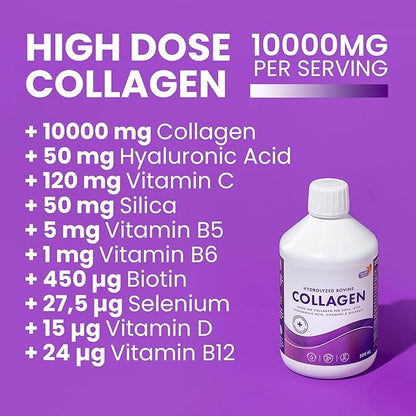 Swedish Nutra - Liquid Collagen 10000mg Sugar-Free 500 ml I Hyaluronic Acid, Biotin I Skin, Hair, Nails I Higher Absorption I Natural Flavour - 20 Day Supply.