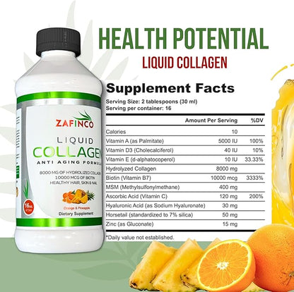 Liquid Collagen for Women & Men-Pine'O'Range Flavored Premium Grade 10000 mcg Biotin+8000 mg of Hydrolyzed Collagen for Radiant Skin Glow,Anti-Aging,Hair Growth & nice Nails.16 fl oz-Made in USA
