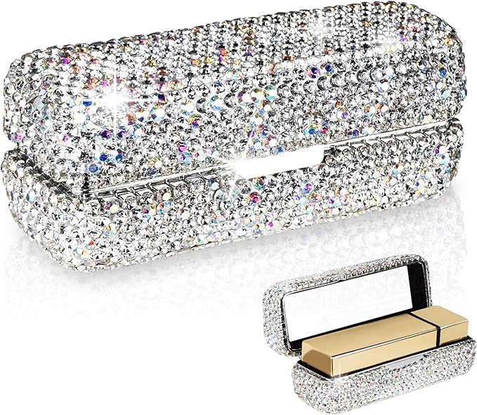 Lipstick Case with Mirror, Rhinestone Crystal Lipstick Organizer Organizer