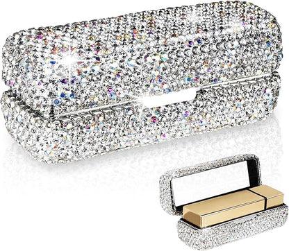 Lipstick Case with Mirror, Rhinestone Crystal Lipstick Organizer Organizer