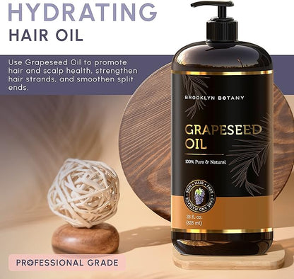 Brooklyn Botany Grapeseed Oil - 100% Pure and Natural Body, Hair, and Face Carrier Oil for Essential Oils, Aromatherapy, and Massage - 8 fl Oz
