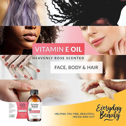 Organic Vitamin E Oil - Heavenly Rose Scented USDA Certified 100% All Natural Plant Based 2oz - Lightweight & Great for Scars After Surgery - For Face, Skin and Nails - Reduce Wrinkles, Anti Aging